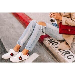 Gucci Ace Leather Striped Low Top Sneakers with Bee White Women's 37